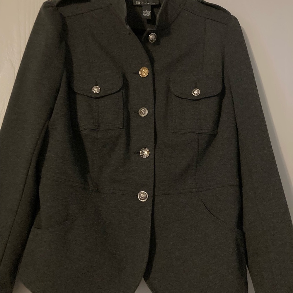 INC International Concepts Dark Gray Military-Style Blazer. Artsy buttons